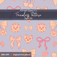 Disco Coquette Valentine Seamless Pattern | Bows Hearts Cherries Repeat | Hand Drawn Digital Design McKnight Designs & Co Seamless Pattern File