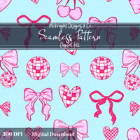 Disco Coquette Valentine Seamless Pattern | Bows Hearts Cherries Repeat | Hand Drawn Digital Design McKnight Designs & Co Seamless Pattern File