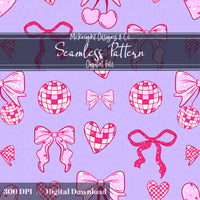 Disco Coquette Valentine Seamless Pattern | Bows Hearts Cherries Repeat | Hand Drawn Digital Design McKnight Designs & Co Seamless Pattern File