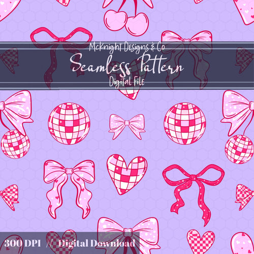 Disco Coquette Valentine Seamless Pattern | Bows Hearts Cherries Repeat | Hand Drawn Digital Design McKnight Designs & Co Seamless Pattern File