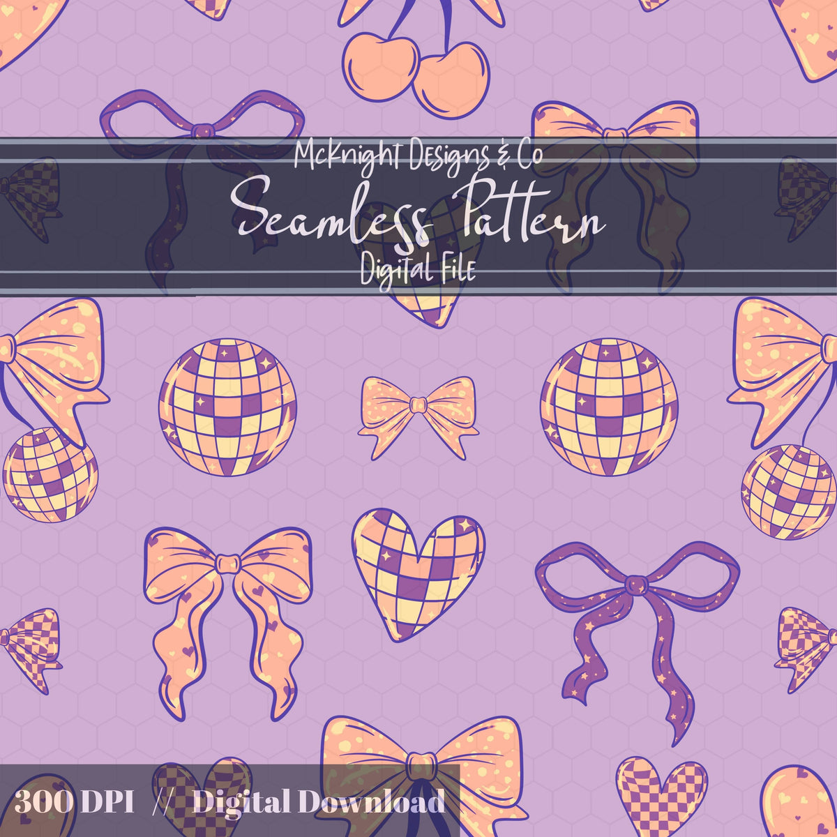 Disco Coquette Valentine Seamless Pattern | Bows Hearts Cherries Repeat | Hand Drawn Digital Design McKnight Designs & Co Seamless Pattern File