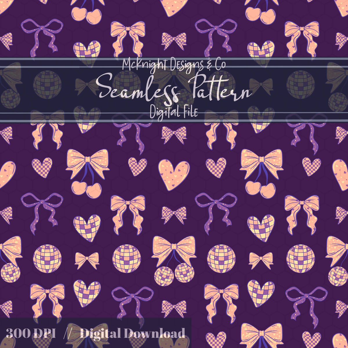 Disco Coquette Valentine Seamless Pattern | Bows Hearts Cherries Repeat | Hand Drawn Digital Design McKnight Designs & Co Seamless Pattern File