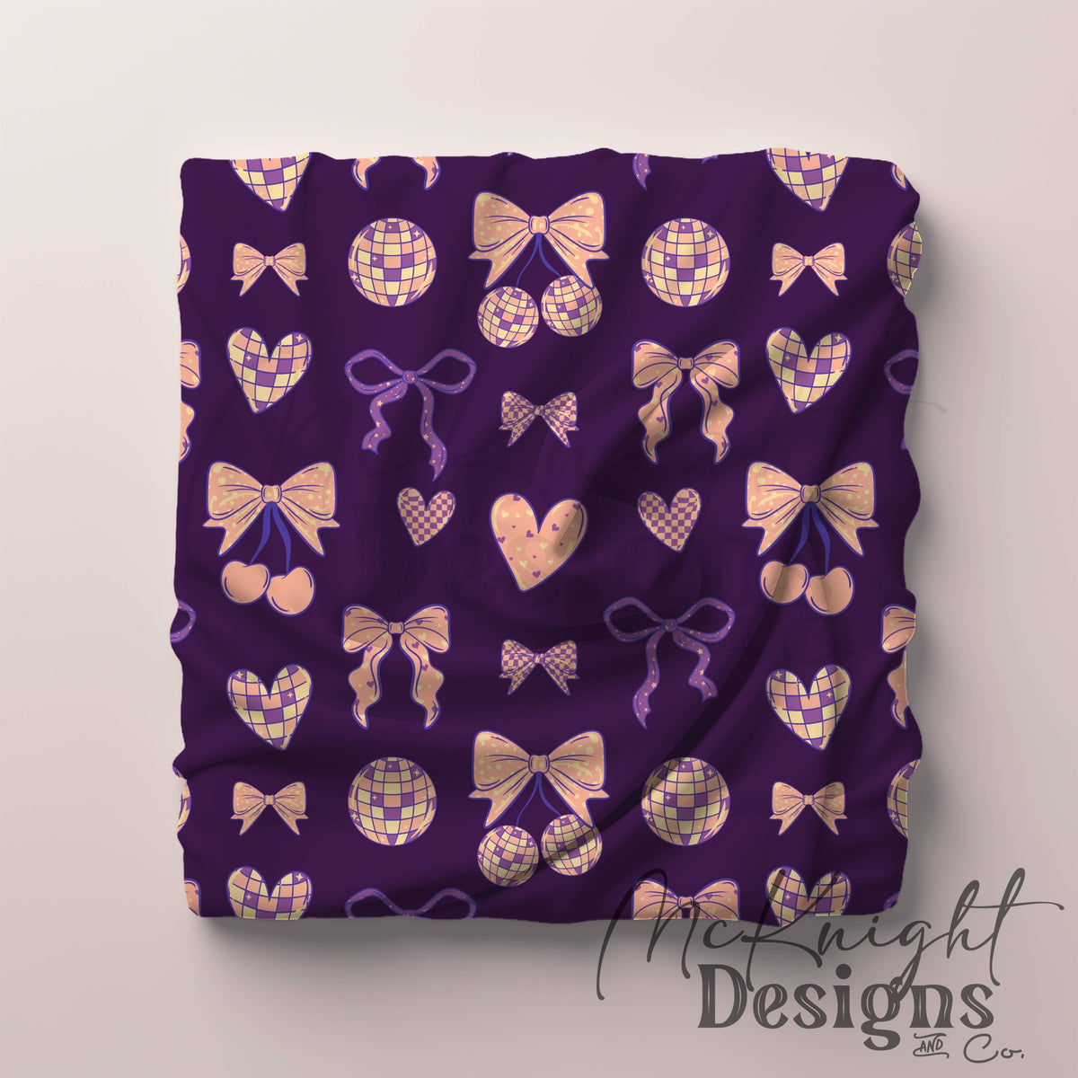 Disco Coquette Valentine Seamless Pattern | Bows Hearts Cherries Repeat | Hand Drawn Digital Design McKnight Designs & Co Seamless Pattern File