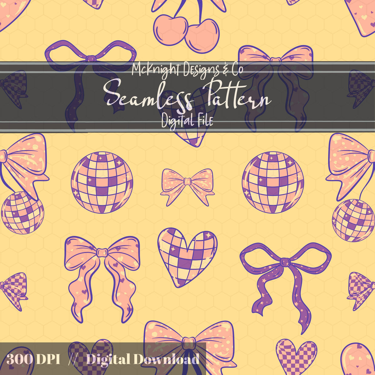 Disco Coquette Valentine Seamless Pattern | Bows Hearts Cherries Repeat | Hand Drawn Digital Design McKnight Designs & Co Seamless Pattern File
