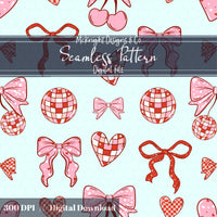 Disco Coquette Valentine Seamless Pattern | Bows Hearts Cherries Repeat | Hand Drawn Digital Design McKnight Designs & Co Seamless Pattern File