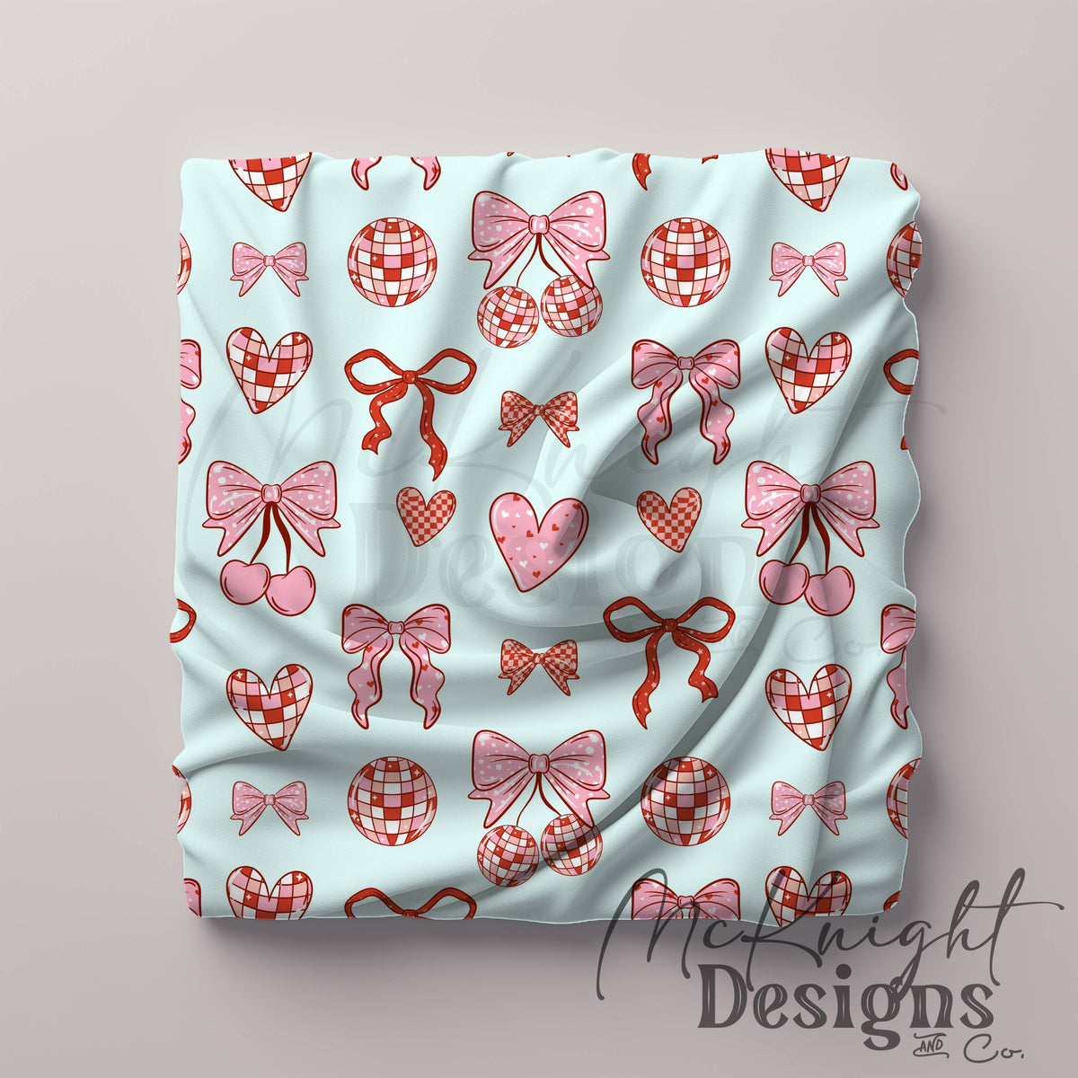 Disco Coquette Valentine Seamless Pattern | Bows Hearts Cherries Repeat | Hand Drawn Digital Design McKnight Designs & Co Seamless Pattern File