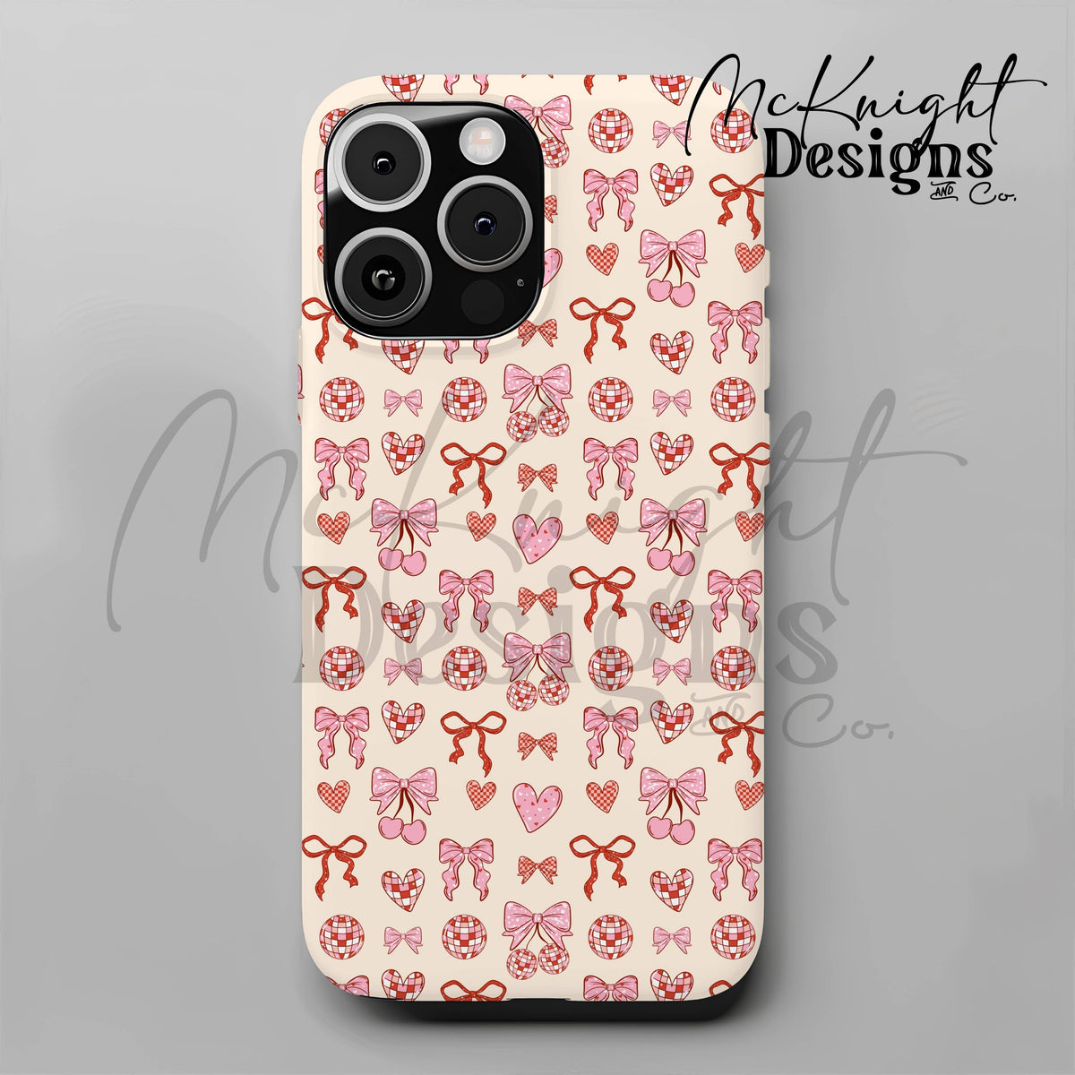 Disco Coquette Valentine Seamless Pattern | Bows Hearts Cherries Repeat | Hand Drawn Digital Design McKnight Designs & Co Seamless Pattern File
