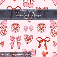 Disco Coquette Valentine Seamless Pattern | Bows Hearts Cherries Repeat | Hand Drawn Digital Design McKnight Designs & Co Seamless Pattern File