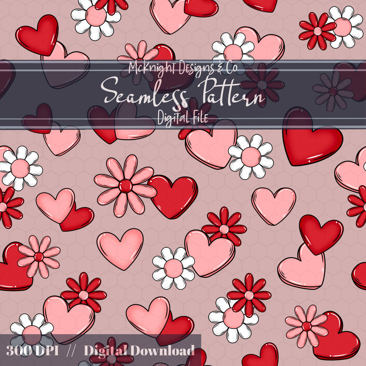 Valentine Hearts & Daisies Seamless Pattern | Love Floral Repeat McKnight Designs & Co Seamless Pattern File
