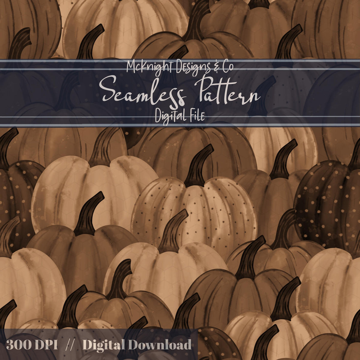 Watercolor Pumpkin Seamless Pattern – Fall Autumn Gourd Overlap Design McKnight Designs & Co Seamless Pattern File