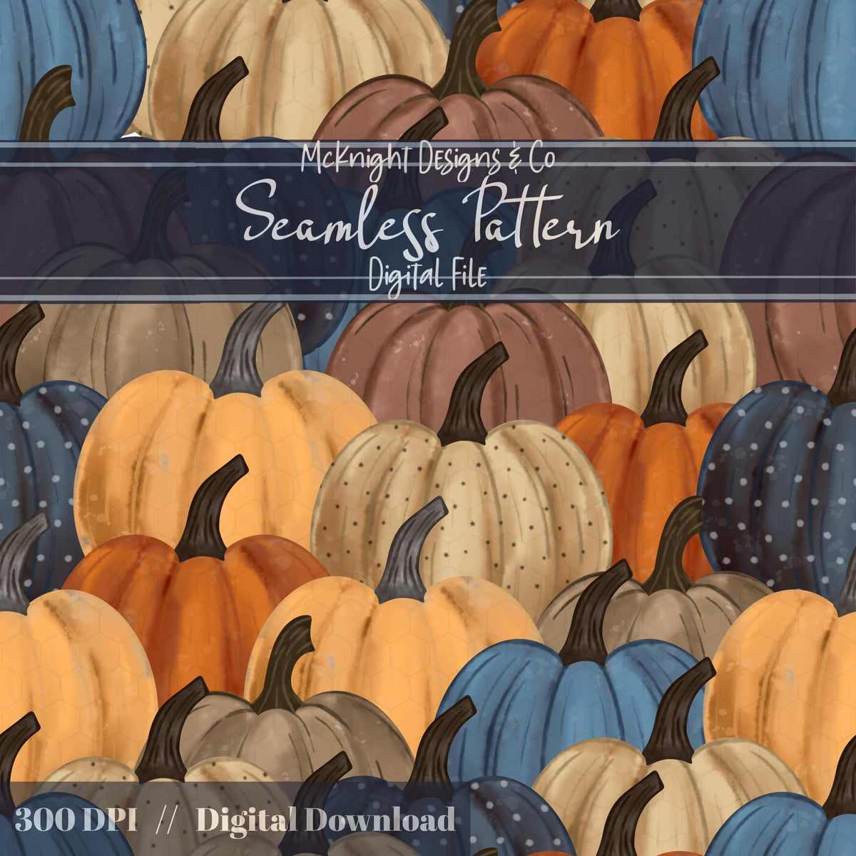 Watercolor Pumpkin Seamless Pattern – Fall Autumn Gourd Overlap Design McKnight Designs & Co Seamless Pattern File