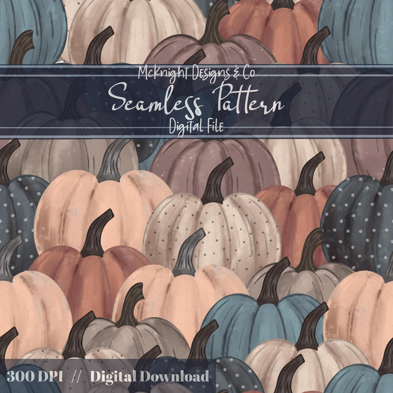 Watercolor Pumpkin Seamless Pattern – Fall Autumn Gourd Overlap Design McKnight Designs & Co Seamless Pattern File