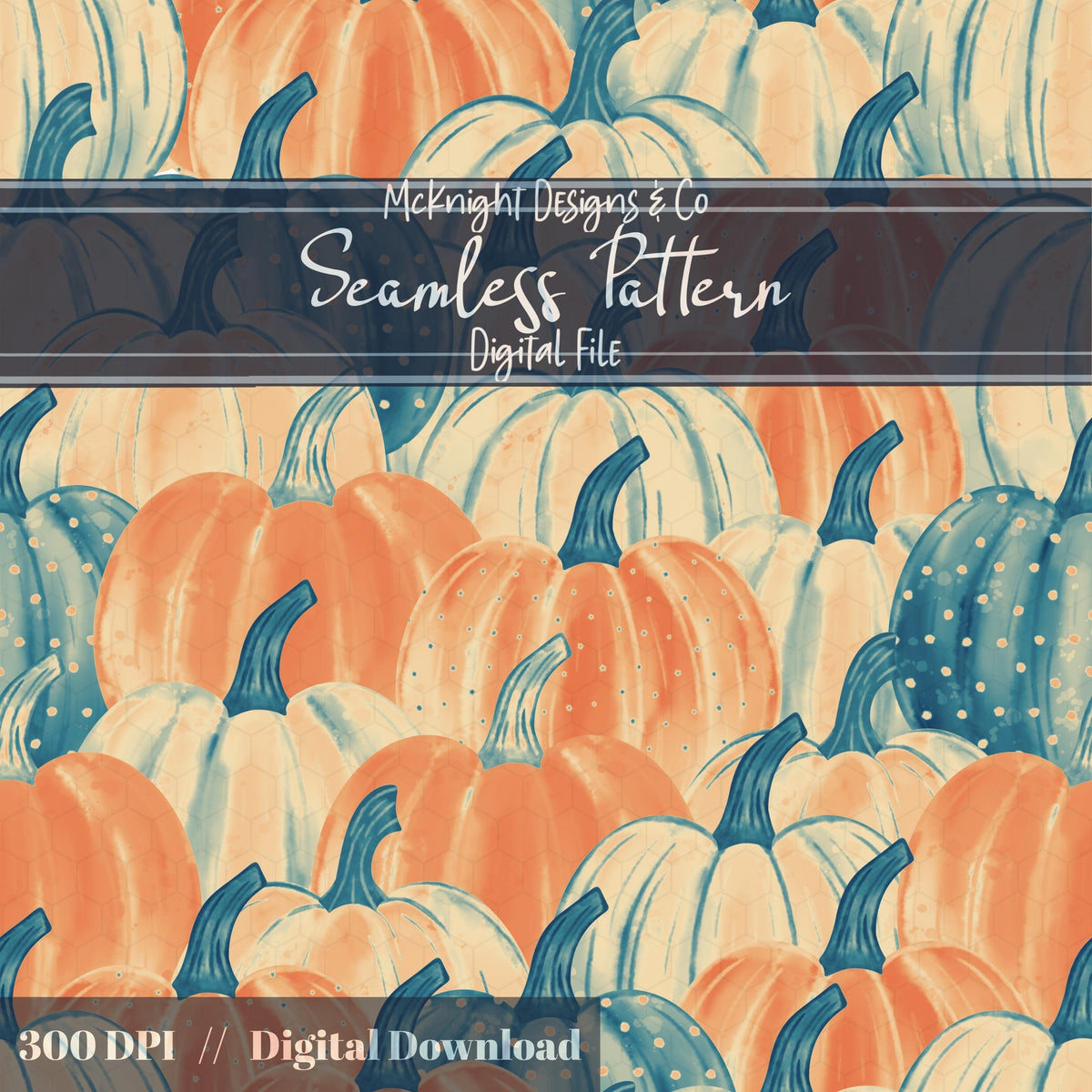 Watercolor Pumpkin Seamless Pattern – Fall Autumn Gourd Overlap Design McKnight Designs & Co Seamless Pattern File