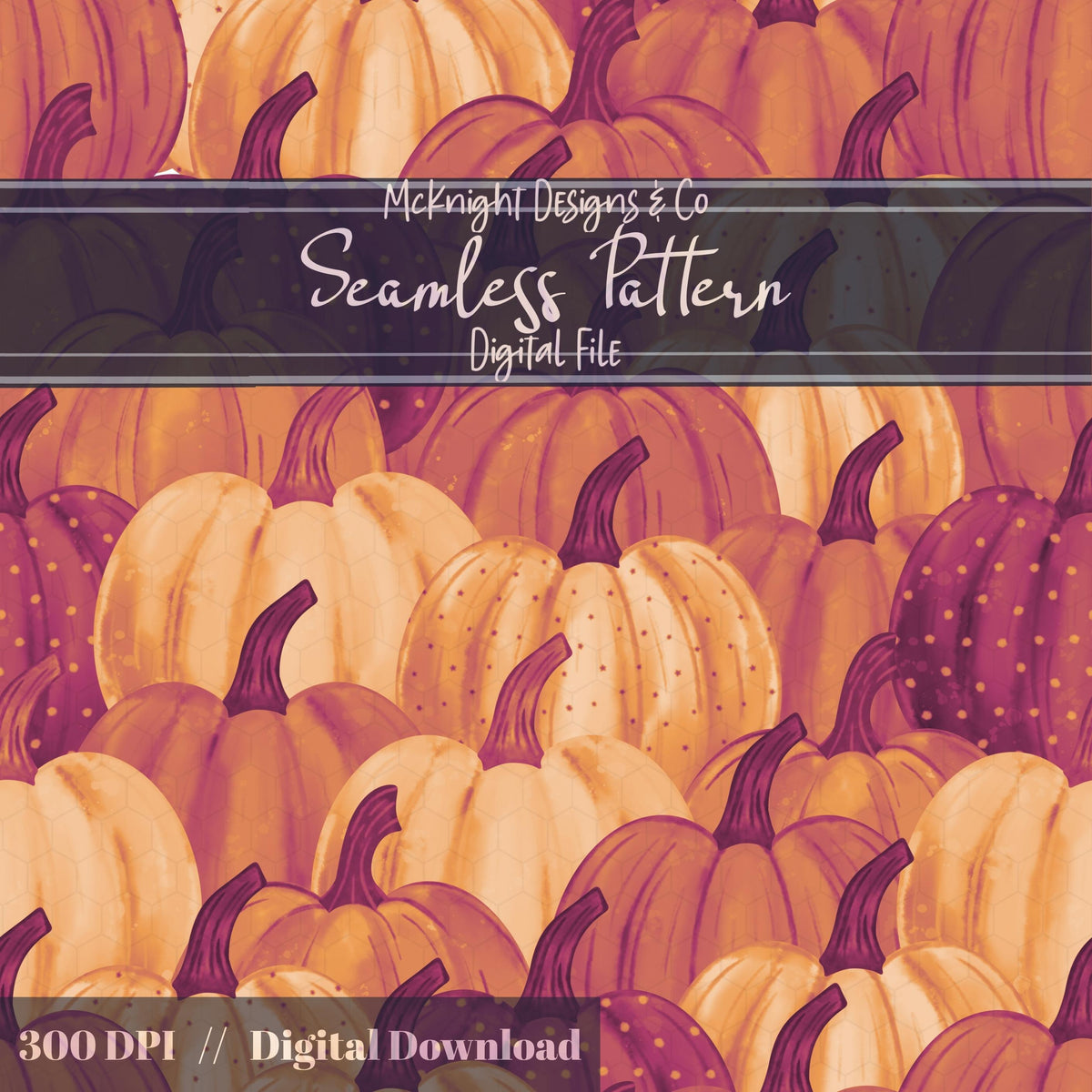 Watercolor Pumpkin Seamless Pattern – Fall Autumn Gourd Overlap Design McKnight Designs & Co Seamless Pattern File