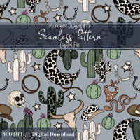 Western Cowgirl Seamless Pattern – Cactus, Cow Skulls, Hats, Snakes, Moons McKnight Designs & Co Seamless Pattern File