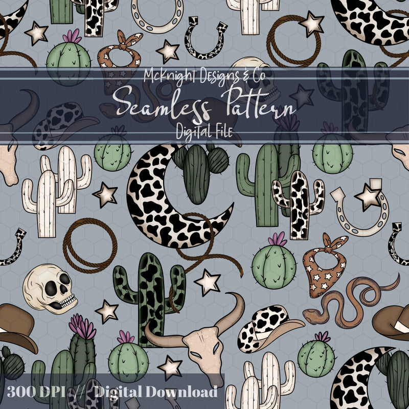 Western Cowgirl Seamless Pattern – Cactus, Cow Skulls, Hats, Snakes, Moons McKnight Designs & Co Seamless Pattern File