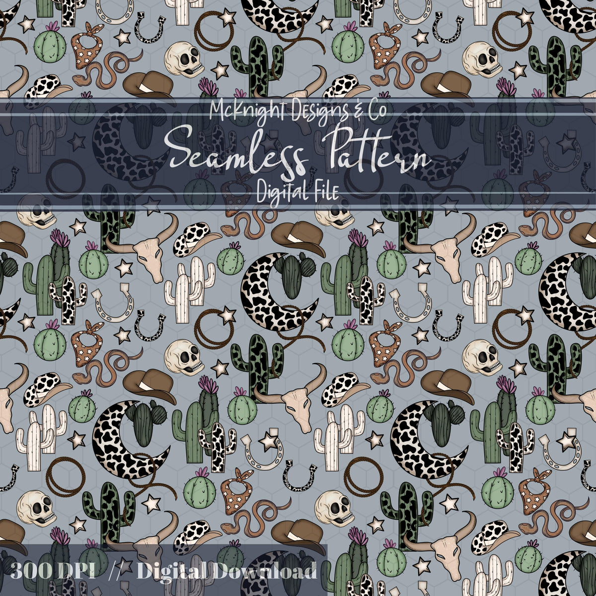 Western Cowgirl Seamless Pattern – Cactus, Cow Skulls, Hats, Snakes, Moons McKnight Designs & Co Seamless Pattern File Blue