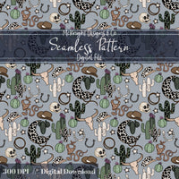 Western Cowgirl Seamless Pattern – Cactus, Cow Skulls, Hats, Snakes, Moons McKnight Designs & Co Seamless Pattern File Blue