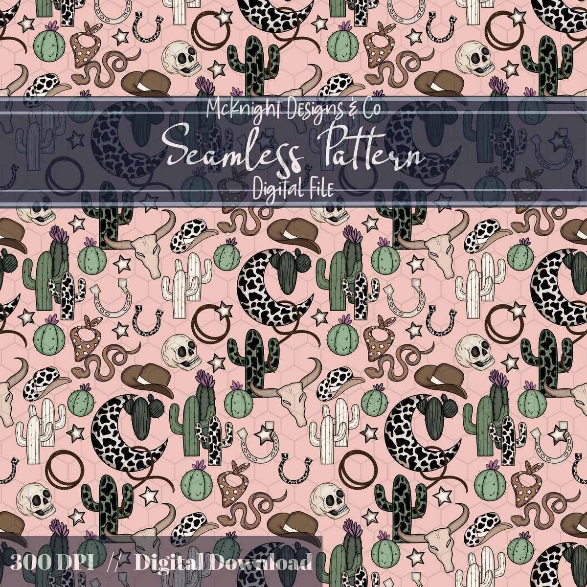 Western Cowgirl Seamless Pattern – Cactus, Cow Skulls, Hats, Snakes, Moons McKnight Designs & Co Seamless Pattern File Pink