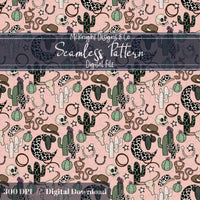 Western Cowgirl Seamless Pattern – Cactus, Cow Skulls, Hats, Snakes, Moons McKnight Designs & Co Seamless Pattern File Pink