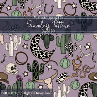 Western Cowgirl Seamless Pattern – Cactus, Cow Skulls, Hats, Snakes, Moons McKnight Designs & Co Seamless Pattern File