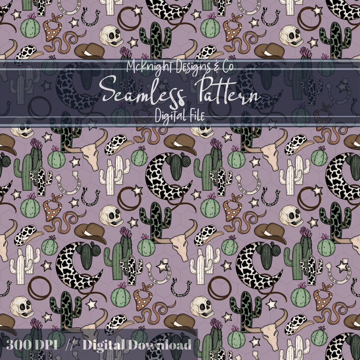 Western Cowgirl Seamless Pattern – Cactus, Cow Skulls, Hats, Snakes, Moons McKnight Designs & Co Seamless Pattern File Purple