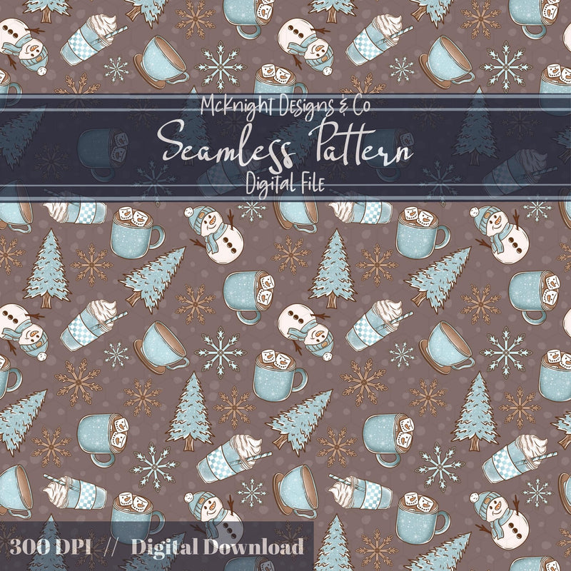 Winter Snowman Cocoa Seamless Pattern McKnight Designs & Co Seamless Pattern File Winter Mocha Aqua