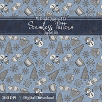 Winter Snowman Cocoa Seamless Pattern McKnight Designs & Co Seamless Pattern File Slate Blue Grayscale