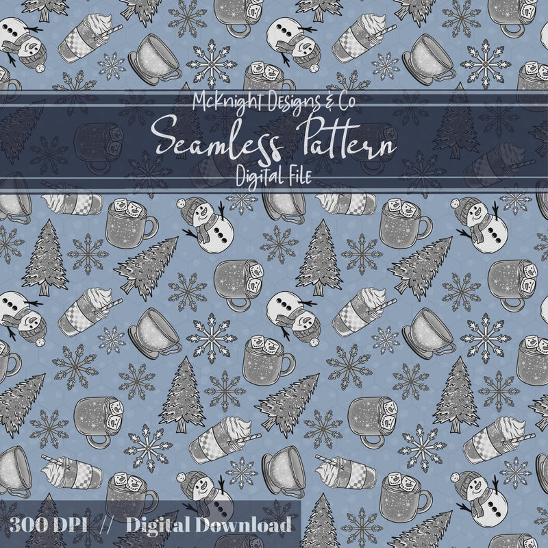Winter Snowman Cocoa Seamless Pattern McKnight Designs & Co Seamless Pattern File Slate Blue Grayscale