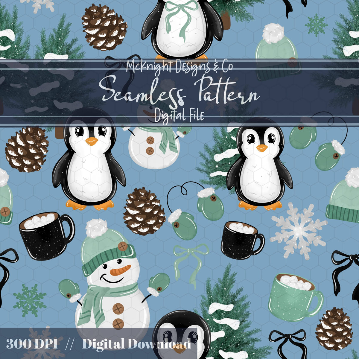 Winter Penguin & Snowman Seamless Pattern PNG McKnight Designs & Co Seamless Pattern File