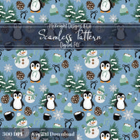 Winter Penguin & Snowman Seamless Pattern PNG McKnight Designs & Co Seamless Pattern File