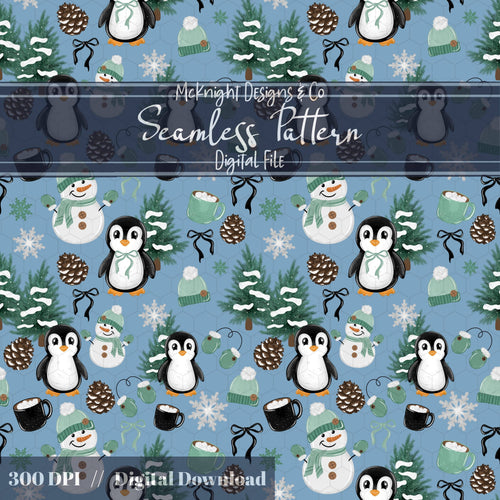 Winter Penguin & Snowman Seamless Pattern PNG McKnight Designs & Co Seamless Pattern File