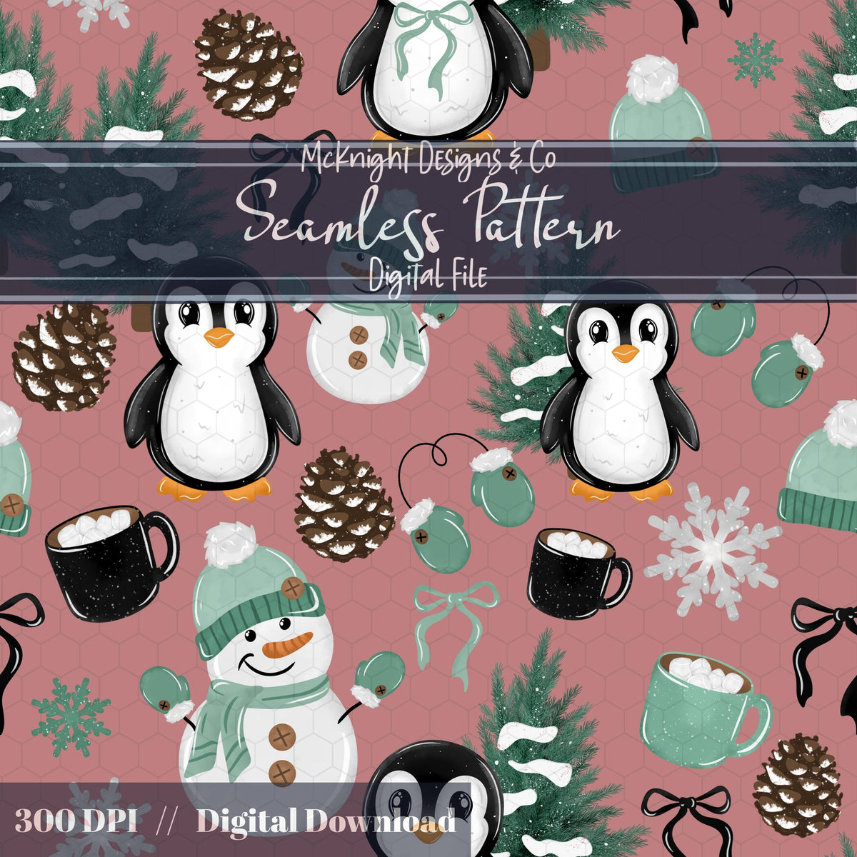 Winter Penguin & Snowman Seamless Pattern PNG McKnight Designs & Co Seamless Pattern File