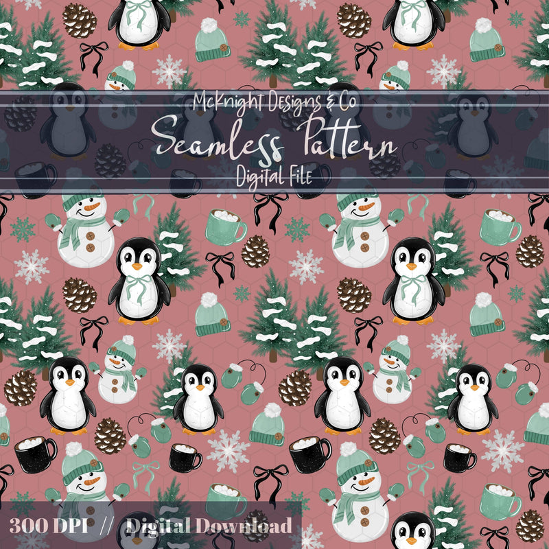 Winter Penguin & Snowman Seamless Pattern PNG McKnight Designs & Co Seamless Pattern File