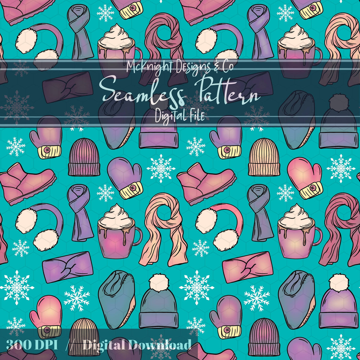 Winter Accessories Seamless Pattern – Cozy Hats, Mittens, Scarves & Boots PNG McKnight Designs & Co Seamless Pattern File