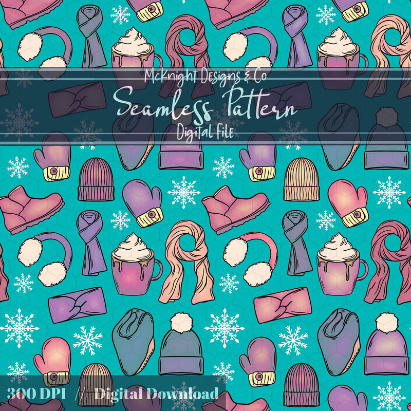 Winter Accessories Seamless Pattern – Cozy Hats, Mittens, Scarves & Boots PNG McKnight Designs & Co Seamless Pattern File
