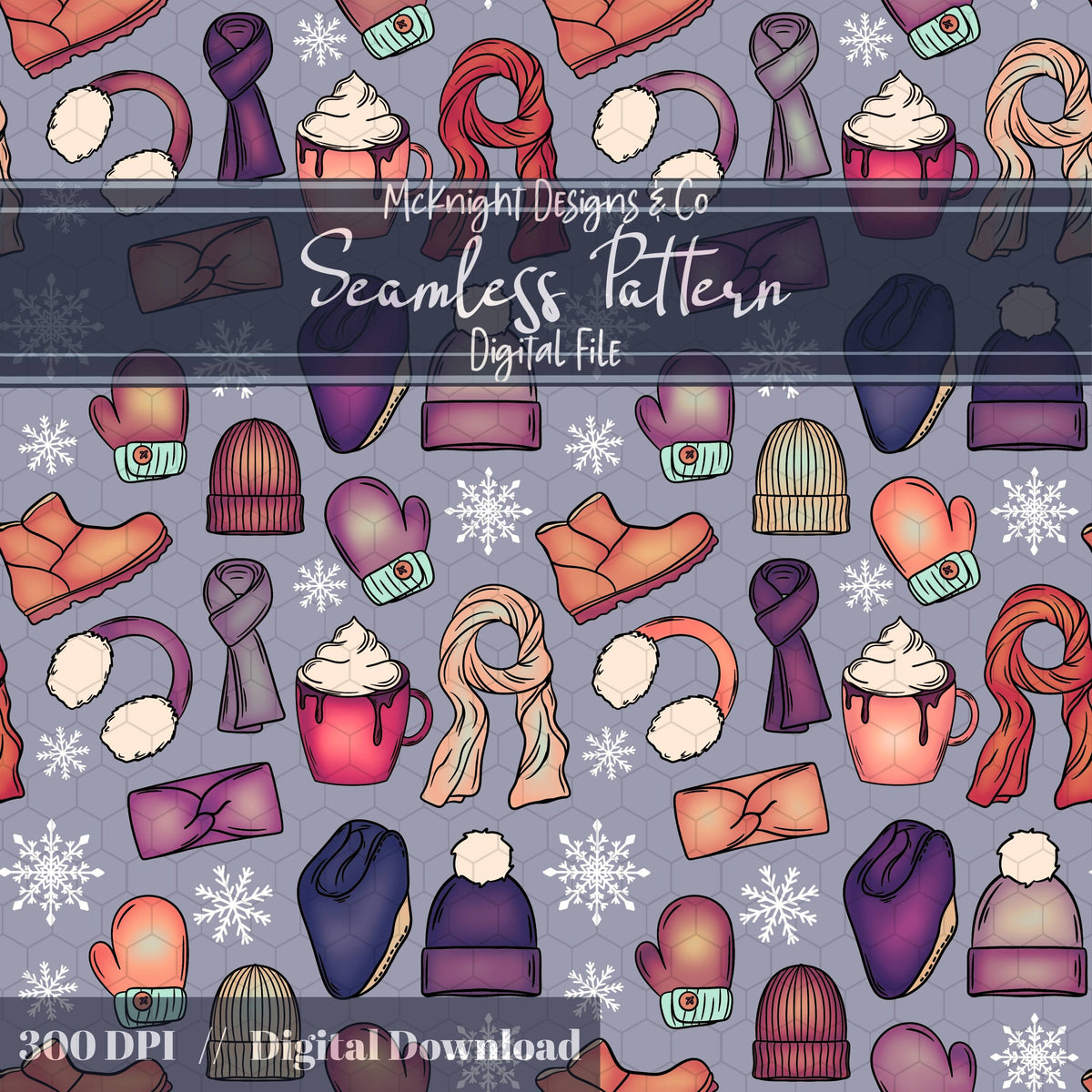 Winter Accessories Seamless Pattern – Cozy Hats, Mittens, Scarves & Boots PNG McKnight Designs & Co Seamless Pattern File