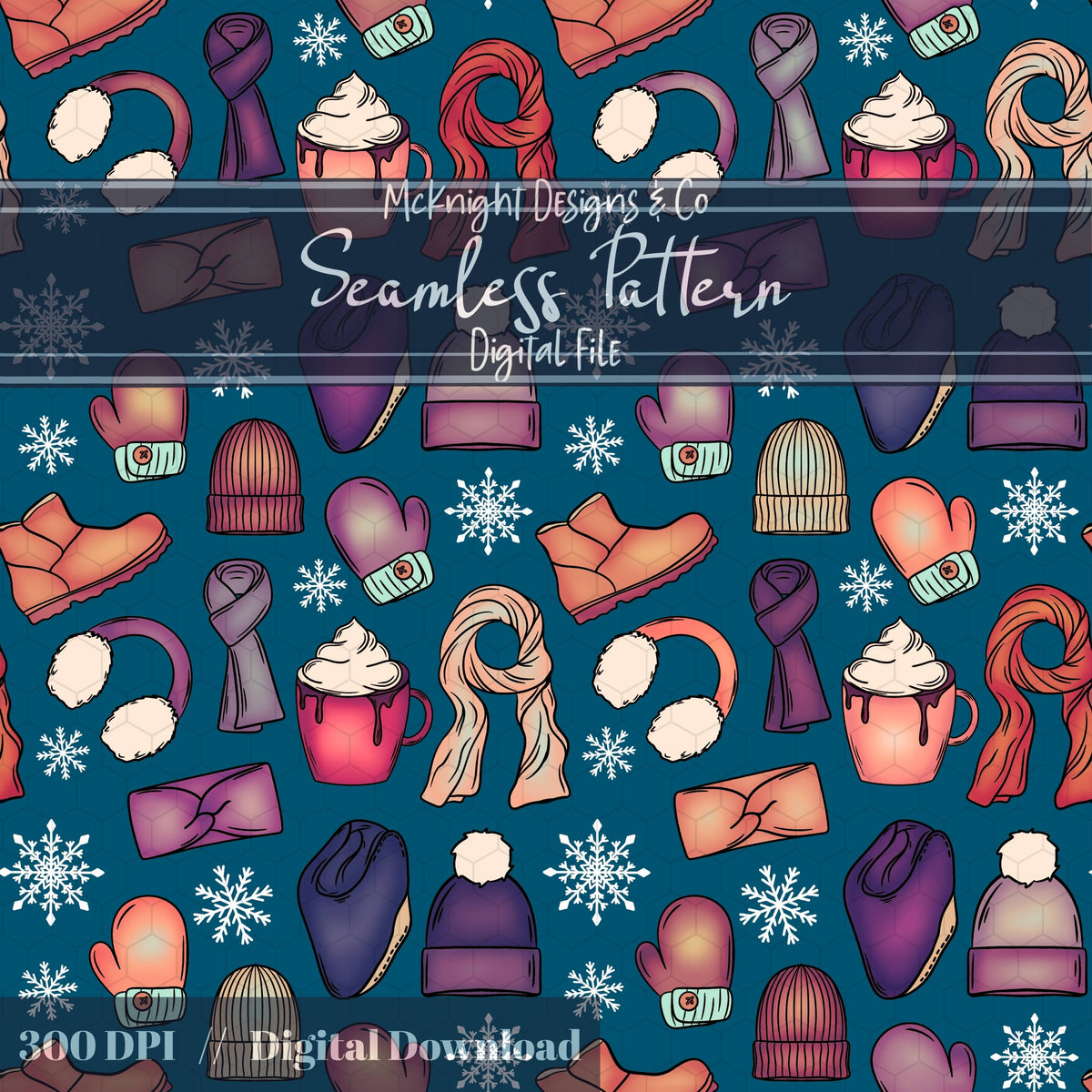 Winter Accessories Seamless Pattern – Cozy Hats, Mittens, Scarves & Boots PNG McKnight Designs & Co Seamless Pattern File