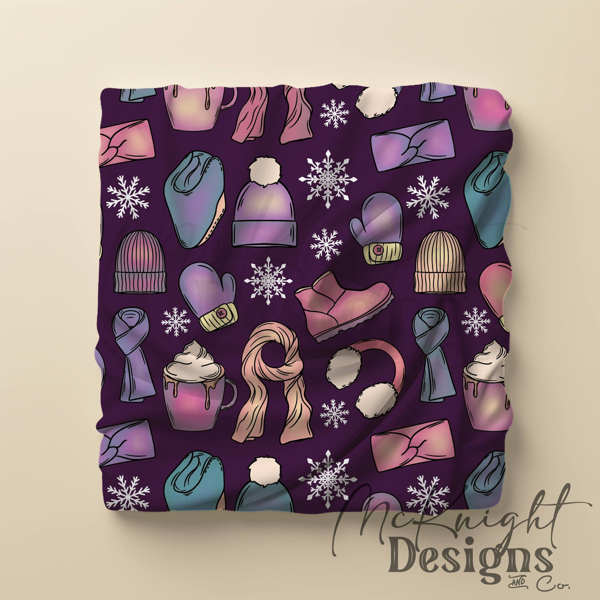 Winter Accessories Seamless Pattern – Cozy Hats, Mittens, Scarves & Boots PNG McKnight Designs & Co Seamless Pattern File