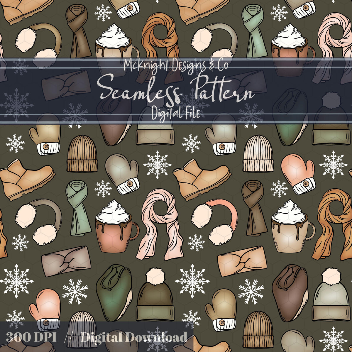 Winter Accessories Seamless Pattern – Cozy Hats, Mittens, Scarves & Boots PNG McKnight Designs & Co Seamless Pattern File