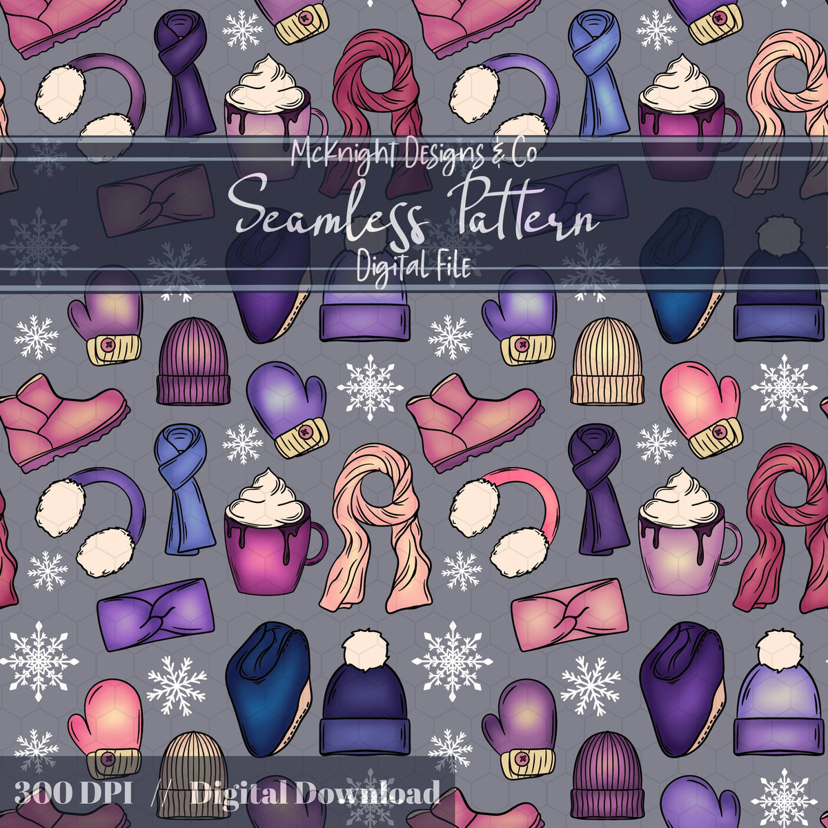 Winter Accessories Seamless Pattern – Cozy Hats, Mittens, Scarves & Boots PNG McKnight Designs & Co Seamless Pattern File