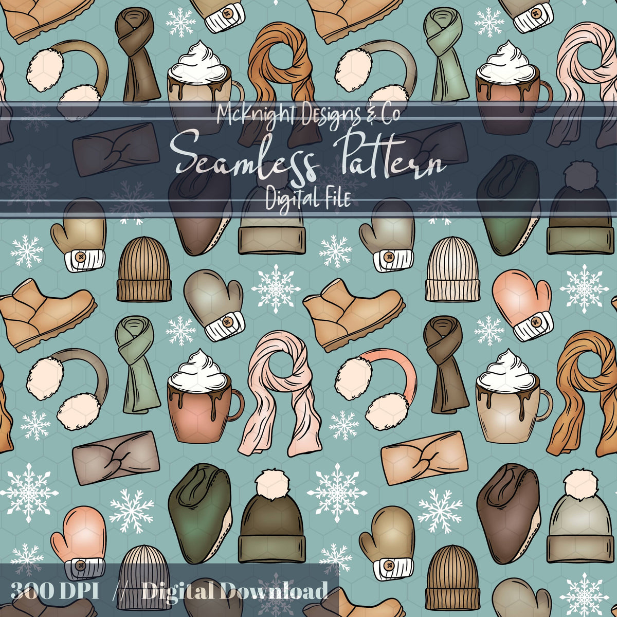 Winter Accessories Seamless Pattern – Cozy Hats, Mittens, Scarves & Boots PNG McKnight Designs & Co Seamless Pattern File