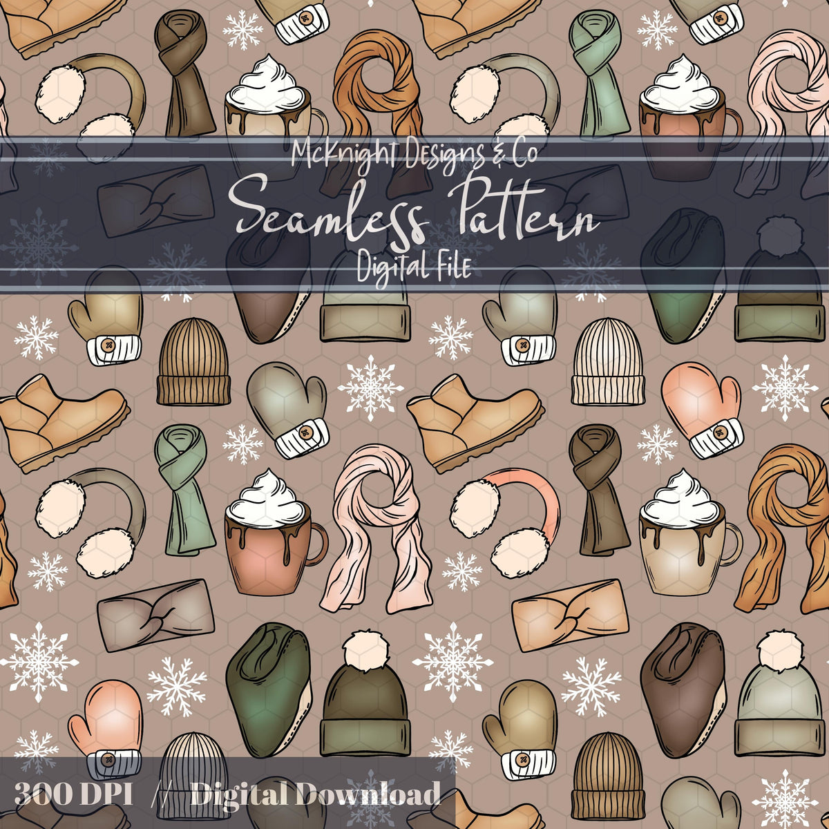 Winter Accessories Seamless Pattern – Cozy Hats, Mittens, Scarves & Boots PNG McKnight Designs & Co Seamless Pattern File