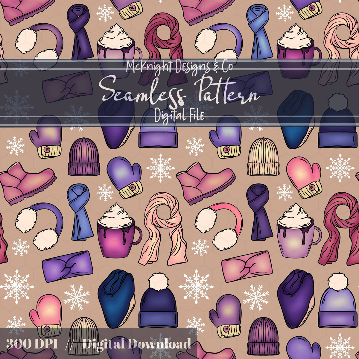 Winter Accessories Seamless Pattern – Cozy Hats, Mittens, Scarves & Boots PNG McKnight Designs & Co Seamless Pattern File