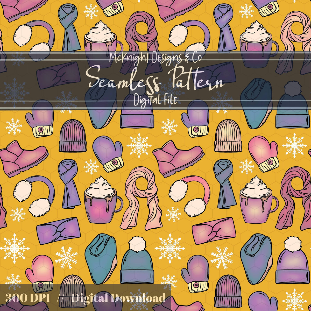 Winter Accessories Seamless Pattern – Cozy Hats, Mittens, Scarves & Boots PNG McKnight Designs & Co Seamless Pattern File