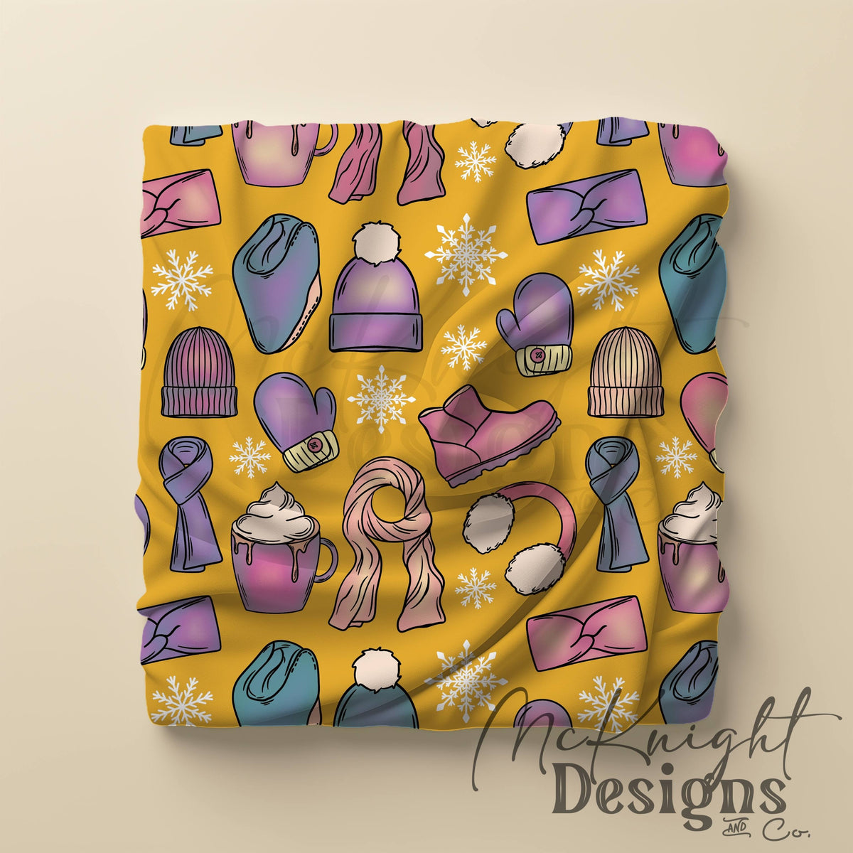 Winter Accessories Seamless Pattern – Cozy Hats, Mittens, Scarves & Boots PNG McKnight Designs & Co Seamless Pattern File