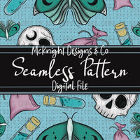 Weird Hex Seamless Pattern – Hand-Drawn Skulls, Moths, Potions & Sachets for Fabric, Vinyl & Sublimation McKnight Designs & Co Seamless Pattern File