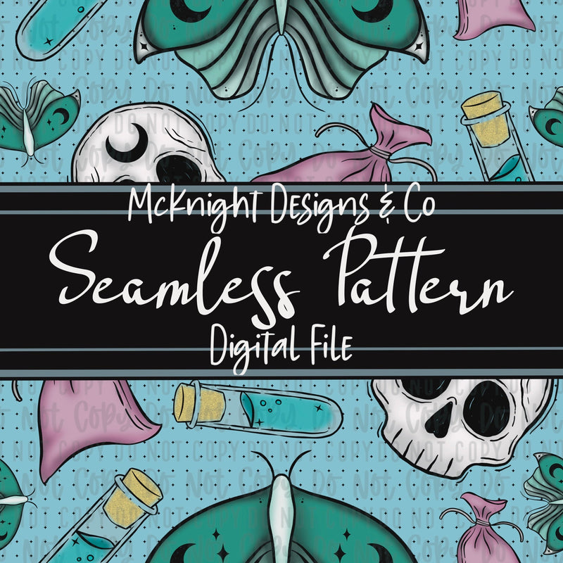 Weird Hex Seamless Pattern – Hand-Drawn Skulls, Moths, Potions & Sachets for Fabric, Vinyl & Sublimation McKnight Designs & Co Seamless Pattern File