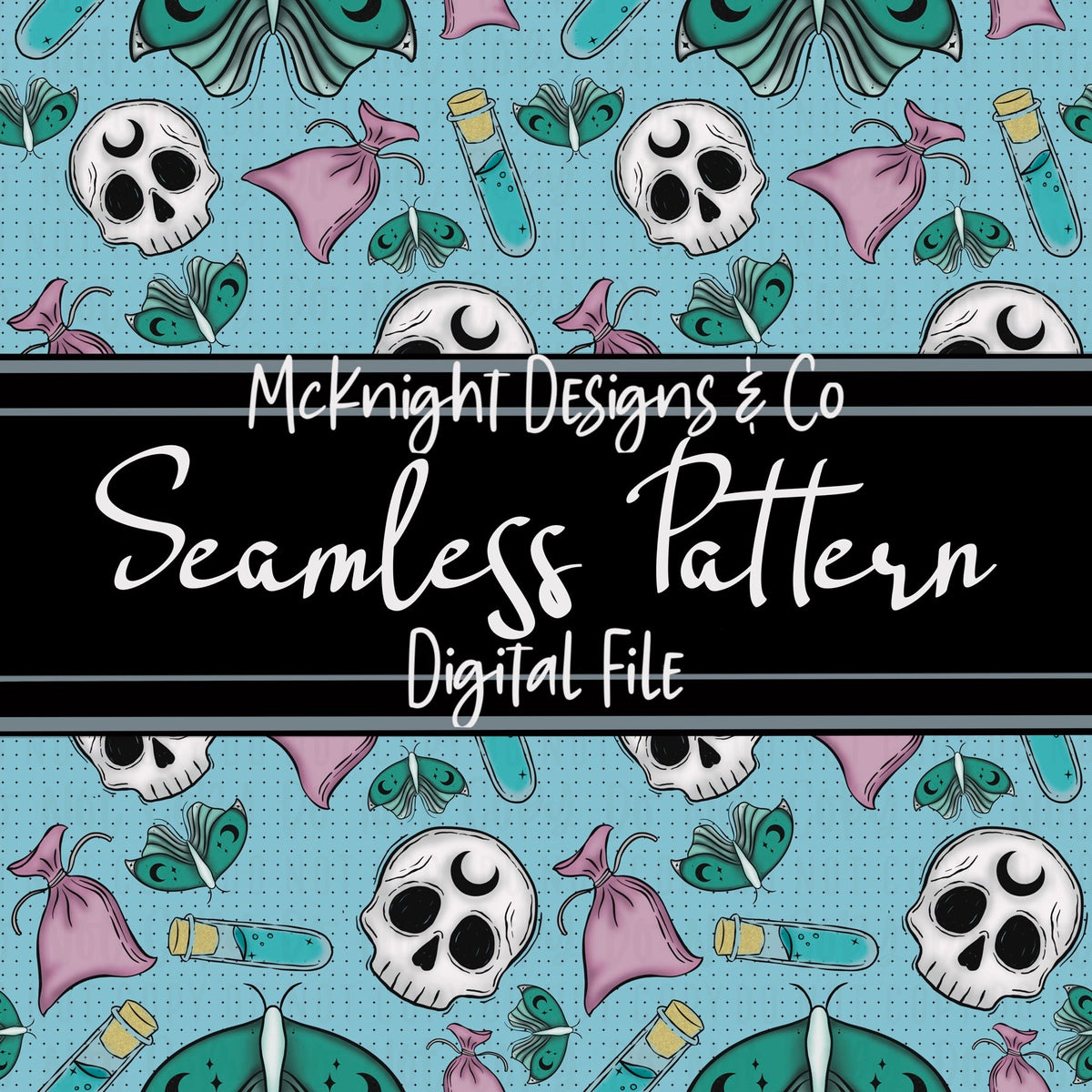 Weird Hex Seamless Pattern – Hand-Drawn Skulls, Moths, Potions & Sachets for Fabric, Vinyl & Sublimation McKnight Designs & Co Seamless Pattern File