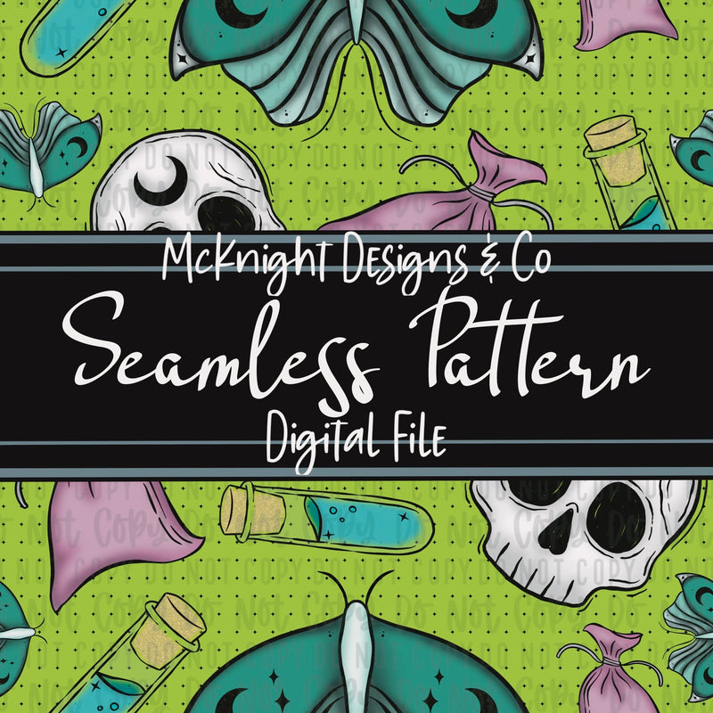 Weird Hex Seamless Pattern – Hand-Drawn Skulls, Moths, Potions & Sachets for Fabric, Vinyl & Sublimation McKnight Designs & Co Seamless Pattern File